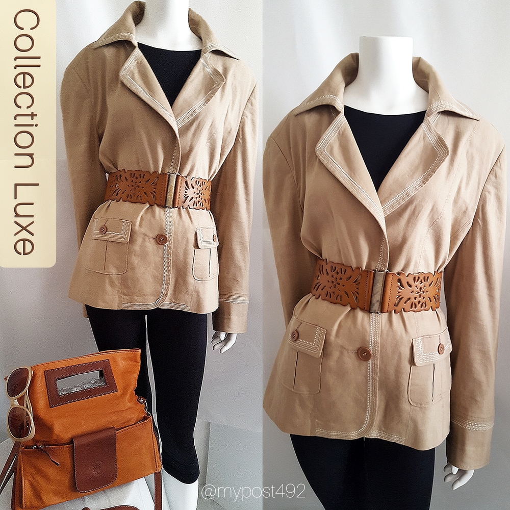 LOT X2🔥Boho Tan Mixed Linen Blazer Jacket With High Waist Belt